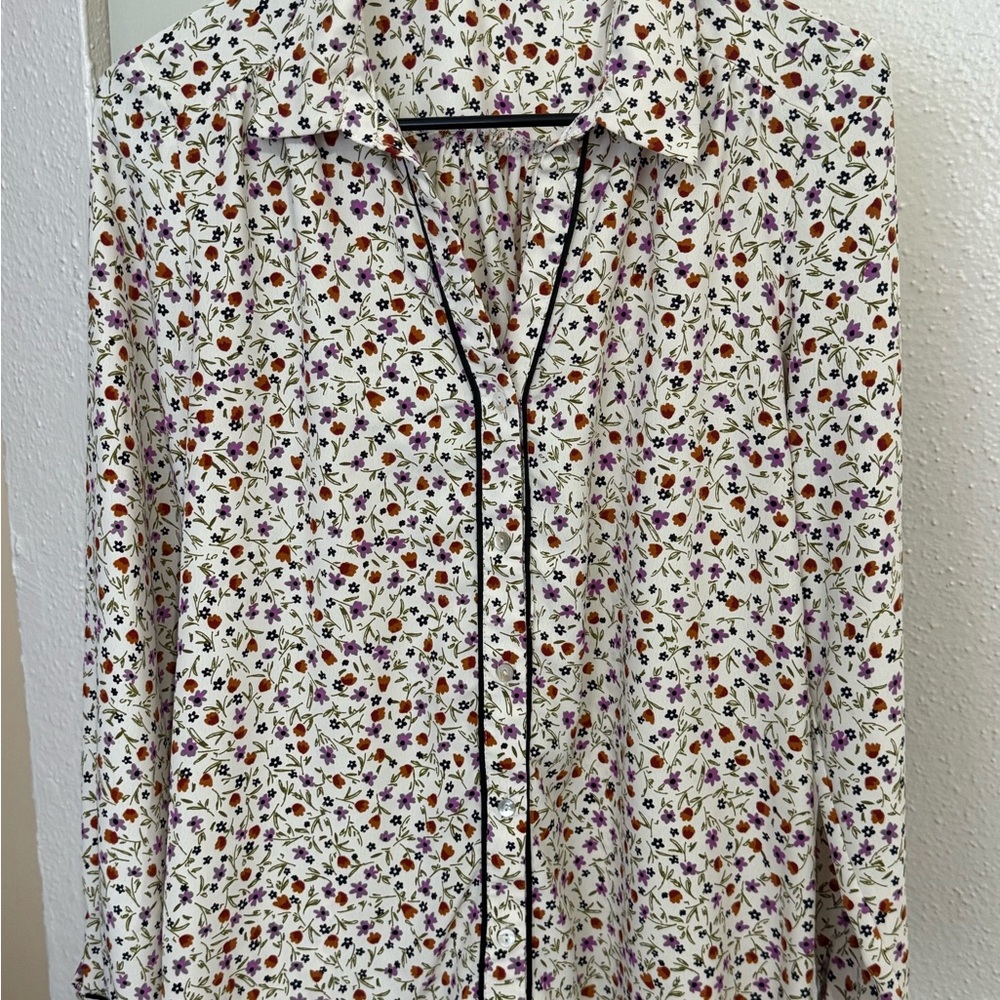 Zara White Floral Button-Up Shirt with Purple & Orange Blooms